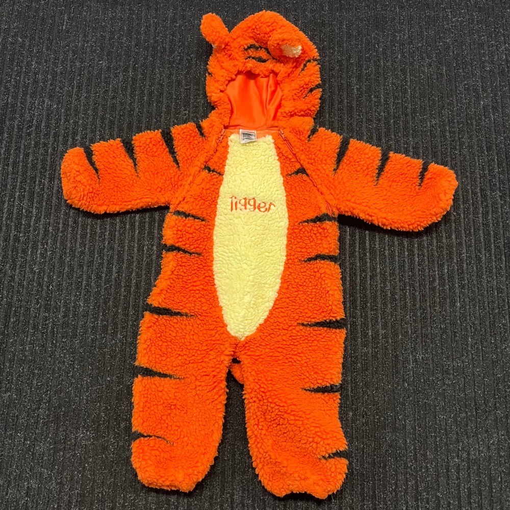 Disney Store Tigger Plush Fleece Hooded Romper Coverall Orange Black 6-12 Months